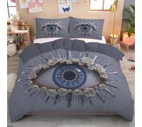 Housse de Couette 260x240cm Yeux de Dessin animé Parure de Lit Réversible Fermeture Éclair Style mystérieux Linge 2 Personnes avec 2 Taies d'oreiller 65x65cm, Bleu