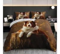 Housse de Couette 280x240 Border Collie 3D Parure de Lit Souches D'arbres d'automne en Microfibre Doux Housses Couettes 2 Personnes avec Fermeture Éclair avec 2 Taies d'oreiller 65x65 cm L.2610