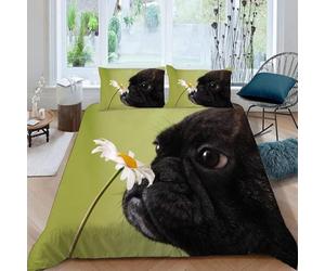 Housse de Couette 280x240 Bouledogue Français Parure de Lit 2 Personnes Fleurs Imprimé 3D Microfibre Doux Housses Couettes avec Fermeture Éclair et 2 Taies d'oreiller P.741