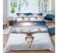 Housse de Couette 280x240 Cerfs Parure de Lit 2 Personnes Scène d'hiver Enneigée Imprimé 3D Microfibre Doux Housses Couettes avec Fermeture Éclair et 2 Taies d'oreiller H.1462