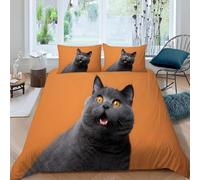 Housse de Couette 280x240 Chat British Shorthair Bleu Parure de Lit 2 Personnes Animal de Compagnie Imprimé 3D Microfibre Doux Housses Couettes avec Fermeture Éclair et 2 Taies d'oreiller P.237