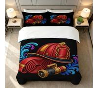 Housse de Couette 280x240 cm Casque de Pompier Parure de Lit 2 Personnes Tuyau d'Incendie Linge de Lit 3 Pièces Ensemble de Housses de Couette en Microfibre Douce avec Fermeture Éclair