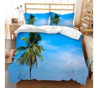 Housse de Couette 280x240 Cocotiers et Ciel Bleu Parure de Lit 2 Personnes Plantes Tropicales Imprimé 3D Microfibre Doux Housses Couettes avec Fermeture Éclair et 2 Taies d'oreiller H.1392