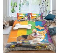 Housse de Couette 280x240 Corgi en Skateboard 3D Parure de Lit Animaux Mignons en Microfibre Doux Housses Couettes 2 Personnes avec Fermeture Éclair avec 2 Taies d'oreiller 65x65 cm L.1756