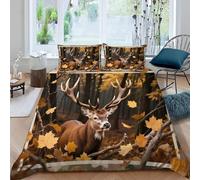 Housse de Couette 280x240 Motif de Cerf 3D Parure de Lit Feuilles d'automne en Forêt en Microfibre Doux Housses Couettes 2 Personnes avec Fermeture Éclair avec 2 Taies d'oreiller 65x65 cm K.3212