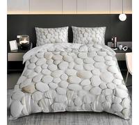 Housse de Couette 280x240 Motifs de Galets Blancs Parure de Lit 2 Personnes Minimaliste Imprimé 3D Microfibre Doux Housses Couettes avec Fermeture Éclair et 2 Taies d'oreiller C.475