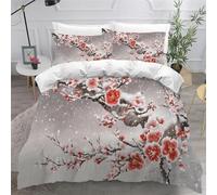 Housse de Couette 280x240 Scène de Neige en Hiver Parure de Lit Fleur de Prunier Chinois Imprimé 3D Sets de Housses de Couettes en Microfibre Doux avec Fermeture Éclair et 2 Taies d'oreiller B-5131