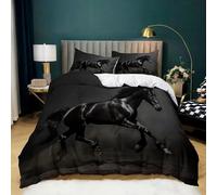 Housse de Couette 3 Pièces 180x200 cm Cheval Animal, Parure de Lit 2 Personnes en Microfibre Douce, Ensemble de Literie Noir avec 2 Taies d'oreiller 65x65 cm pour Décoration de Chambre
