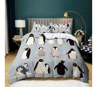 Housse de Couette 3 Pièces 180x200 cm Modèle Pingouin Dessin Animé, Parure de Lit 2 Personnes en Microfibre Douce, Ensemble de Literie Gris avec 2 Taies d'oreiller 65x65 cm pour Décoration de Chambre