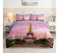 Housse de Couette 3 Pièces 180x200 cm Parure de Lit Réversible Tour Eiffel | Parure de Lit Coucher Soleil Rose Violet, Set de Housses de Couettes 1 Personne Microfibre Douce avec Taies d'oreiller