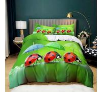 Housse de Couette 3 Pièces 180x200 cm Trois Coccinelles, Parure de Lit 2 Personnes en Microfibre Douce, Ensemble de Literie Vert avec 2 Taies d'oreiller 65x65 cm pour Décoration de Chambre