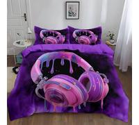 Housse de Couette 3 Pièces 220 x 240 cm ,Casque D'Écoute En Forme De Dessin AniméVioletImprimé Parure de Lit, Doux en Microfibre 2 Personne Housse de Couette avec 2 Taie d'oreiller pour Garçon Fille
