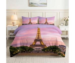 Housse de Couette 3 Pièces 220x240 cm Parure de Lit Réversible Tour Eiffel | Parure de Lit Coucher Soleil Rose Violet, Set de Housses de Couettes 1 Personne Microfibre Douce avec Taies d'oreiller