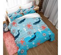 Housse De Couette 3 Pieces Ultra Douce Avec Fermeture Éclair, Motif Créatures Marines, 100 % Microfibre, Housse De Couette Avec 2 Taies D'oreiller 80 X 80 Cm, Motif Baleine