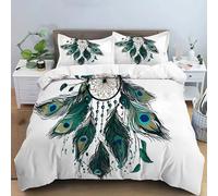 Housse De Couette 3D Imprimé Vert Attrape-Rêves en Plumes De Paon Art Confus Et Raté Parure De Lit Ensemble De Literie 3 Pièces Ultra Douce Confortable Microfibre avec Taie Oreiller,220X240Cm