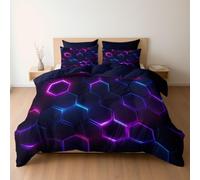 Housse de Couette 90 x 190 Art Futur Néon Lumière Hexagone, Haut de Gamme Parure de Lit et 1 x Taie d'oreiller, Lot de 2, Bleu Marine Foncé, Linge de Lit en Microfibre avec Fermeture Éclair