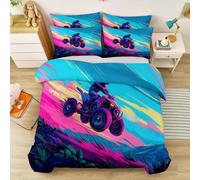 Housse de Couette 90 x 190 cm +1 Taie d'oreiller 65x65cm, Dynamique VTT Montagnes Imprimé Ado Parure de lit en 100% Microfibre Sets de Bleu-Violet Housse Couette avec Fermeture Éclair