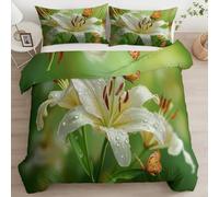 Housse de Couette 90 x 190 cm, 2 Pièces - Ensemble de Linge de Lit Photographie De Nature Plantes Lys Papillons Housse de Couette Vert Cyan Doux et Respirant Parure de Lit avec 1 Taies 65 x 65 cm