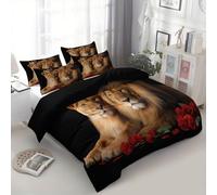 Housse de Couette 90 x 190 cm Animal Couronne Lion Rose, Parure de Lit en Microfibre Adulte 1 Personne - Noir Ensemble de lit 2 Taies d'oreiller 65x65cm
