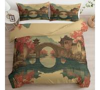 Housse de Couette 90 x 190 cm Art Chinois Pont Pierre Rivière Aux CerisiersImprimé Parure de Lit Fille 1 Personne avec Fermeture Éclair avec Taies d'oreiller 65x65cm, Decoration Chambre, Crème
