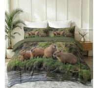 Housse de Couette 90 x 190 cm, Capybara Herbe Ondulations Parure de Lit, Photographie Douce Microfibre Housse de Couette avec Fermeture Éclair Taie d'oreiller, Vert Foncé