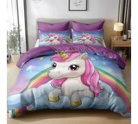 Housse de Couette 90 x 190 cm Dessin Animé Licorne Arc-en-Ciel Microfibre, avec Fermeture Eclair, Parure de Lit, Rose Rouge