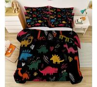 Housse de Couette 90 x 190 cm, Graffiti Animal Dinosaure Lettres Réversible en Microfibre Douce et Respirante, Dessin Main Minimaliste Parure de Lit avec Taies d'oreiller, Noir Vert