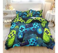 Housse De Couette 90 x 190 cm, Imprimé Parure De Lit 1 Personnes Bleu Vert, Sets De Housse Couette en Microfibre avec Taies d'oreiller Fermeture Éclair Graffiti Peinture À l'huile Manette De Jeu