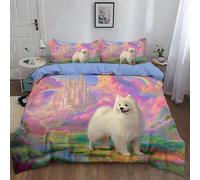 Housse de Couette 90 x 190 cm Parure de Lit 1 Personne 2 Pièces - Féerique Château Chien Samoyède Arc-en-Ciel Nuages, Ensemble de Literie avec 1 Taie d'oreiller pour Enfants Ado 4 Saisons, Bleu Clair