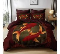 Housse de Couette 90 x 190 cm Poisson du Nouvel an Chinois Imprimé Parure de lit 2 Pièces Confortable Doux Microfibre avec Fermeture Éclair Literie et 1 Taie d'oreiller, Rouge Foncé