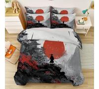 Housse de Couette 90 x 190 cm, Samouraï Temple Soleil Rouge Parure de Lit, Noir Blanc Classique Japonais en Microfibre Douce Respirante Housse de Couette, avec Taies d'oreiller