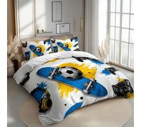 Housse de Couette 90 x 190 cm Sports Football Skateboard Imprimé Parure de lit 2 Pièces Confortable Doux Microfibre avec Fermeture Éclair Literie et 1 Taie d'oreiller, Blanc