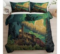 Housse de Couette 90 x 200 cm Forêt Train pour Fille Garcon, Vert Parure de Lit Enfant Éclipse Lunaire Fantastique Housse De Couette Microfibre Entretien Facile, Couvre Lit Imprimées Réversibles