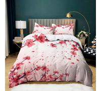 Housse de Couette 90x190 cm Fleurs Cerisier Rouges Peintes, Parure de Lit 1 Personnes en Microfibre Douce, Ensemble de Literie Rouge avec 2 Taies d'oreiller 65x65 cm pour Décoration de Chambre