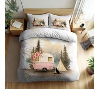 Housse de Couette 90x190 cm Voiture Vintage Aquarelle Camping car Parure de Lit 1 Personnes, Adultes Blanc Microfibre Ensemble de Literie - avec Fermeture Éclair et 2 Taies d'oreiller 65x65 cm