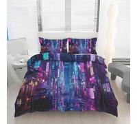 Housse de Couette 90x190 Cyber Ville Imprimé Vue de la Rue Néon Parure de lit Réversible Microfibre avec Fermeture Éclair, 1 Personne, Ensemble de Literie 2 Pièces et 1 Taie d'oreiller P197z