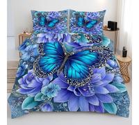 Housse de Couette 90x190 Enfant Bleu Papillon Fleur - Parure de Lit 1 Personne Motif Moderne Fleurs Réversible avec 1 Taie d'oreiller 65x65, Microfibre Ultra Douce avec Fermeture Éclair U4f26