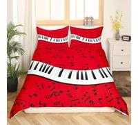 Housse de Couette 90x190 Notes de Piano Parure de Lit 1 Personne ThèMe Rouge 3 Pièces Housse Couette en Microfibre Douce Imprimé 3D avec 2 Taies d'oreiller 65x65 cm i-2924
