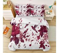 Housse de Couette à Motifs Imprimés Fleurs Oiseaux Notes de Musique, Microfibre Douce et Respirante Rouge foncé, Fermeture Éclair Cachée, Décoration de Chambre Moderne 240 x 260 cm