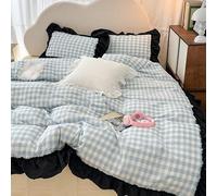 Housse de Couette à Volants à Carreaux,Jolie Parure de Lit 240X220 de Style Français avec Taie D'Oreiller,Housse de Couette Réversible Respirante pour Filles et Femmes,Décoration de Chambre,Bleu