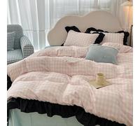 Housse de Couette à Volants à Carreaux,Jolie Parure de Lit 240X220 de Style Français avec Taie D'Oreiller,Housse de Couette Réversible Respirante pour Filles et Femmes,Décoration de Chambre Rose