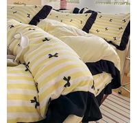 Housse de Couette à Volants Jaune et Blanc à Rayures,Parure de Lit 240X220 à Volants Français avec Nœud Noir et Taie D'Oreiller,Parure de Lit en Microfibre Douce Style Ferme Chic pour enfants Et