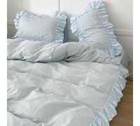 Housse de Couette à Volants Unie,Parure de Lit 140X200 Moderne Simple et Chic avec Taies D'Oreiller,Rayures Bleu-Blanc,Parure de Lit Réversible à Franges à Volants Français pour Lit Simple Toute