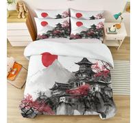 Housse de Couette Aquarelle Japonaise 220 x 240 cm, Temple Soleil Rouge Cerisier Fleur Branche Parure de Lit en Microfibre avec Taies d'oreiller, pour Adulte Enfant Filles, Blanc Noir Gris