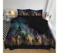 Housse de Couette Aurore boréale dans la forêt de pins Bleu-Violet Parure - Parure de Lit140x200cm avec Fermeture Éclair Microfibre Literie et 1 Taies d'oreiller 65x65