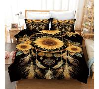 Housse de Couette Boho Tournesol Attrape-Rêves,Parure de Lit 260X240 à Plumes Dorées et Fleurs Jaunes avec Taies D'Oreiller,Housse de Couette Florale,Couvre-Lit Doux et Respirant Pour Filles et Fe