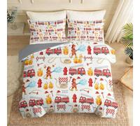 Housse de Couette Camion De Pompiers Flamme Pompier Motif, 220 x 240 cm Gris Réversible Respirable Microfibre Parure de lit, Cartoon Durable Housse de Couette avec Fermeture Éclai