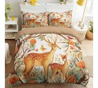 Housse de Couette Cerf Biche Forêt Fleurs Orange Chaud Aquarelle Nature avec taies d’oreiller, 3 pièces - Parure de lit - Ensemble de housses de couette 200 x 200 cm pour lit Standard 2 Personnes