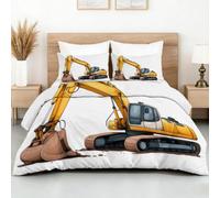 Housse de Couette Chantier Dessin Animé 200x200 cm Parure Lit 3 pièces | Parure de Lit 2 Personnes avec Fermeture Éclair, 2 Taies d'oreiller en Microfibre Durable, Mignon Pelleteuse Chantier