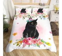 Housse de Couette Chat Noir 220x240 Ensemble de Literie Chaton pour Garçons Enfants Enfants Filles,Parure de Lit Animaux de Compagnie Literie Rose Aquarelle,Fleurie Boho Décoration Bohème Rustique